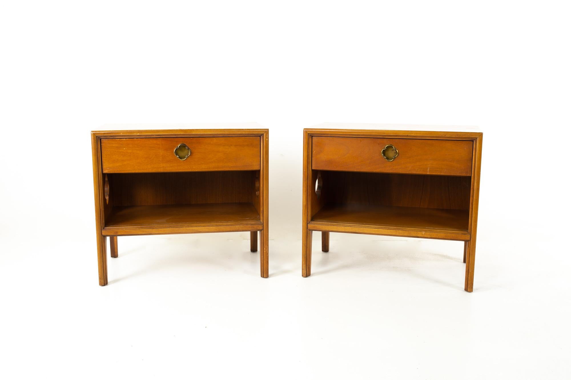 Kent Coffey panorama Mid Century walnut and brass nightstands, pair
Each nightstand measures: 26 wide x 16 deep x 24 inches high

All pieces of furniture can be had in what we call restored vintage condition. That means the piece is restored upon