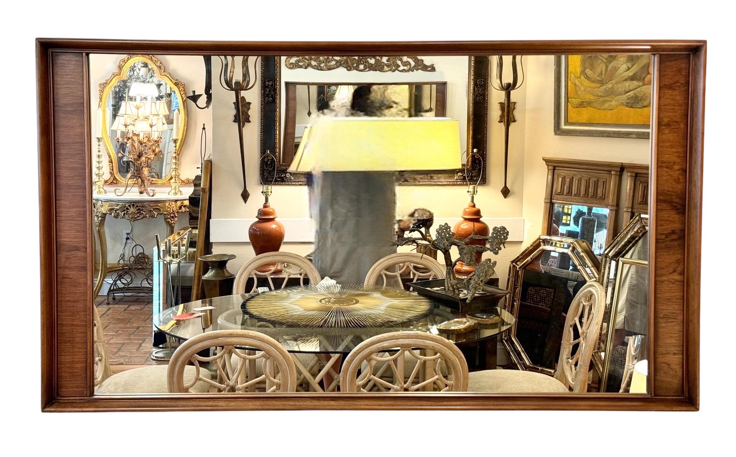Kent Coffey Perspecta Large Wall Mirror. Nice expansive size mirror to open up any room. Use above a dresser or qaq credenza. Nice detailed woodwork of rosewood and walnut. Circa 1960. Excellent condition.