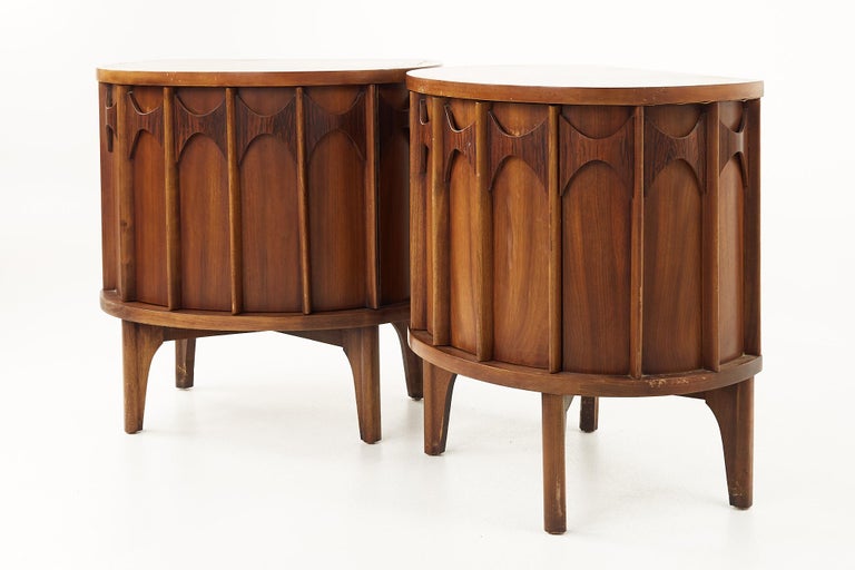Kent Coffey Perspecta Mcm Semi Round Walnut and Rosewood Nightstands, a
