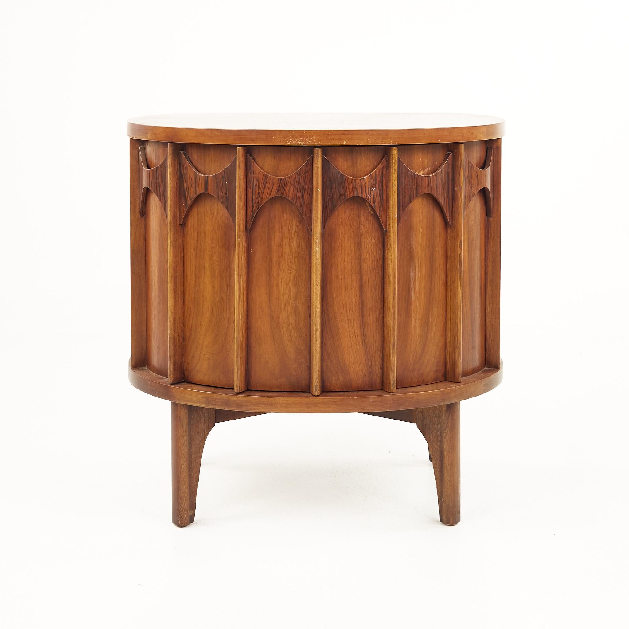 American Kent Coffey Perspecta Mcm Semi Round Walnut and Rosewood Nightstands, a Pair