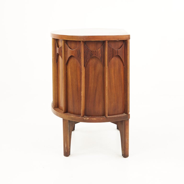 Kent Coffey Perspecta Mcm Semi Round Walnut and Rosewood Nightstands, a