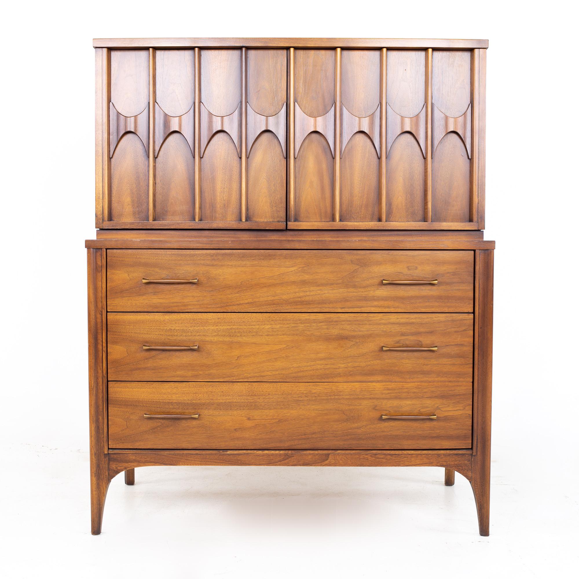 Kent Coffey Perspecta mid century walnut and rosewood armoire gentlemans chest highboy dresser 

Dresser measures: 40.75 wide x 19.25 deep x 51.75 inches high

?All pieces of furniture can be had in what we call restored vintage condition. That