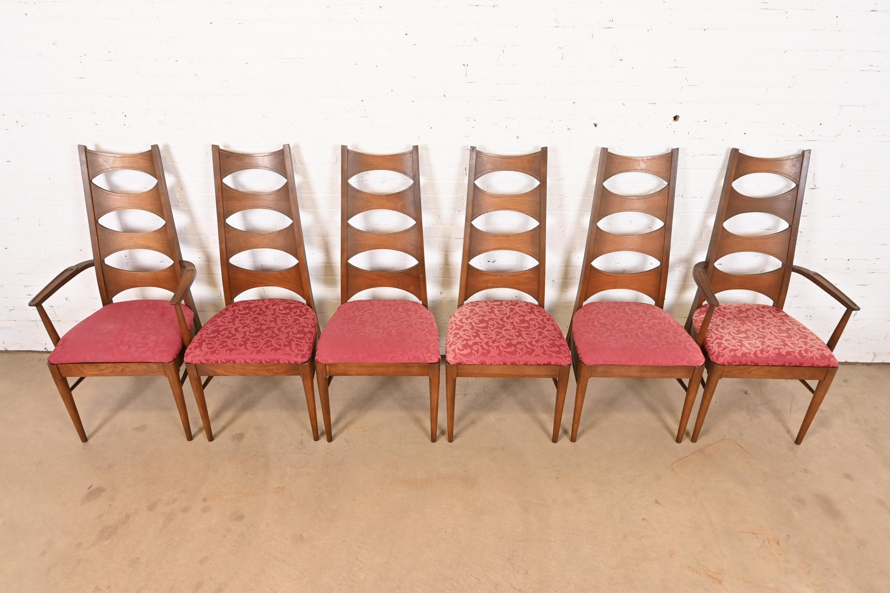 Upholstery Kent Coffey Perspecta Mid-Century Modern Sculpted Walnut High Back Dining Chairs