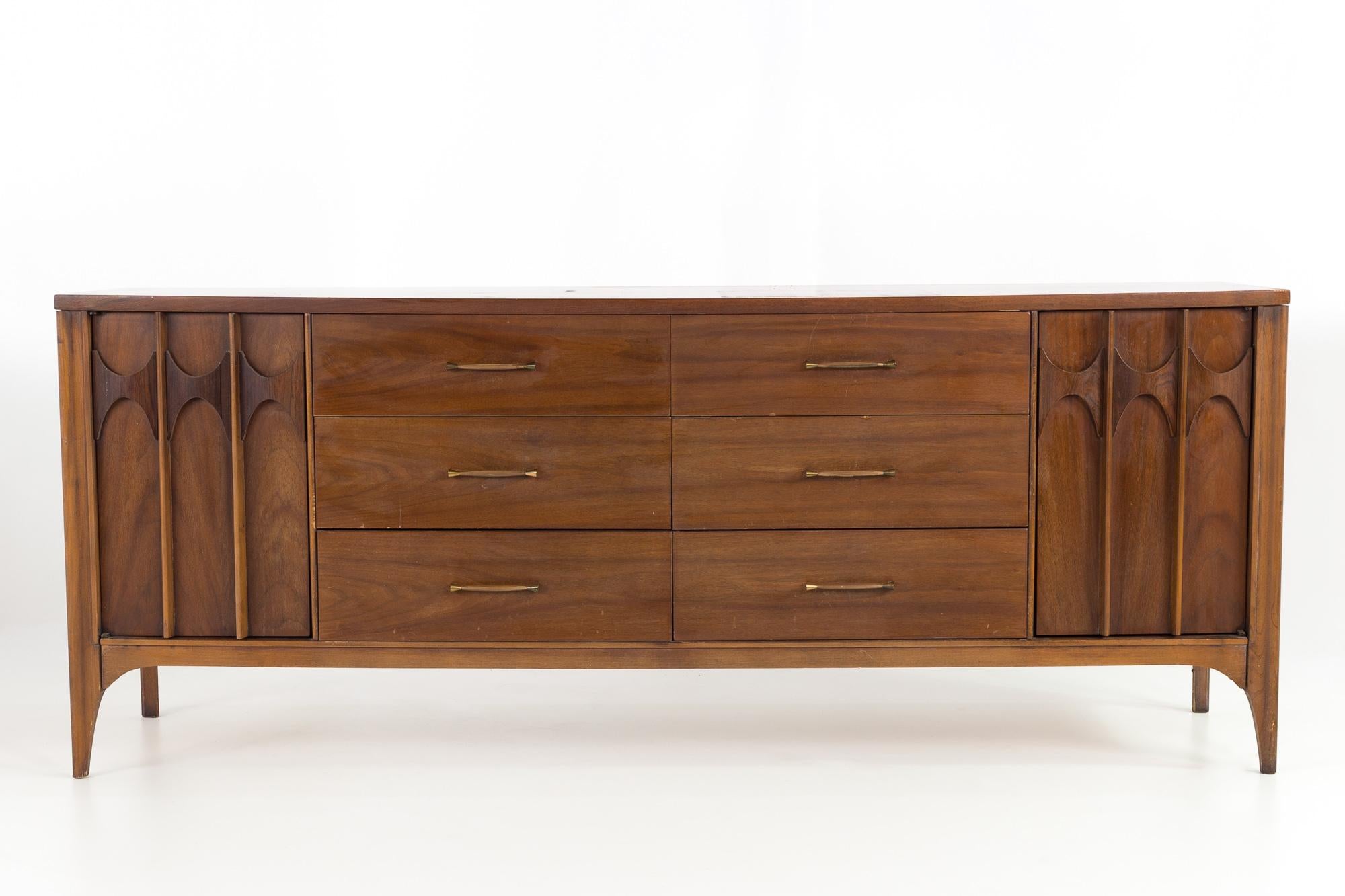 Kent Coffey Perspecta mid century rosewood and walnut 12 drawer lowboy dresser
This dresser measures: 77.5 long x 20.25 deep x 31.25 inches high

All pieces of furniture can be had in what we call restored vintage condition. That means the piece