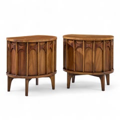 Kent Coffey Perspecta Mid Century Round Walnut and Rosewood Nightstands - Pair