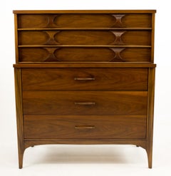 Kent Coffey Perspecta Mid Century Walnut and Rosewood 5 Drawer Highboy Dresser