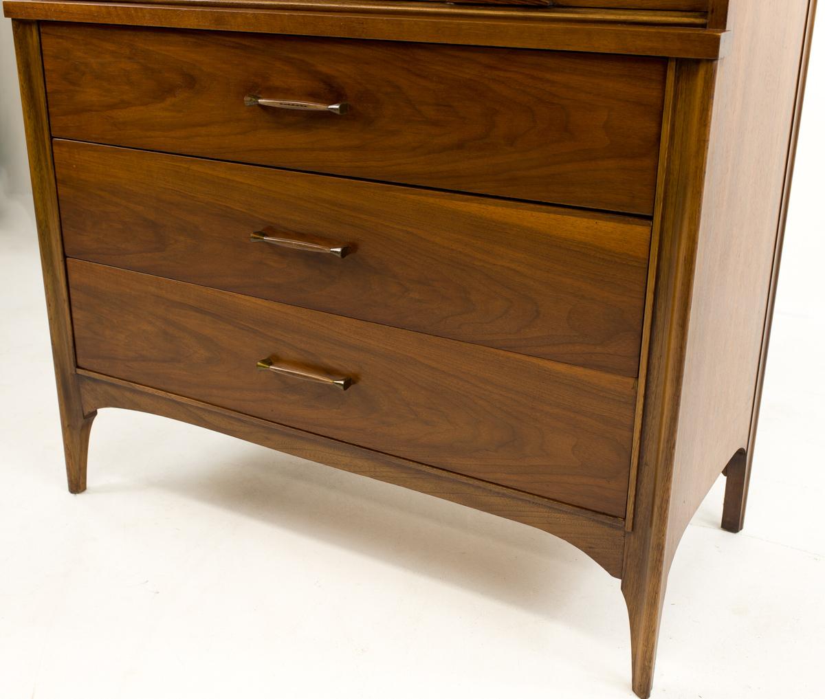 American Kent Coffey Perspecta Mid Century Walnut and Rosewood 5 Drawer Highboy Dresser For Sale
