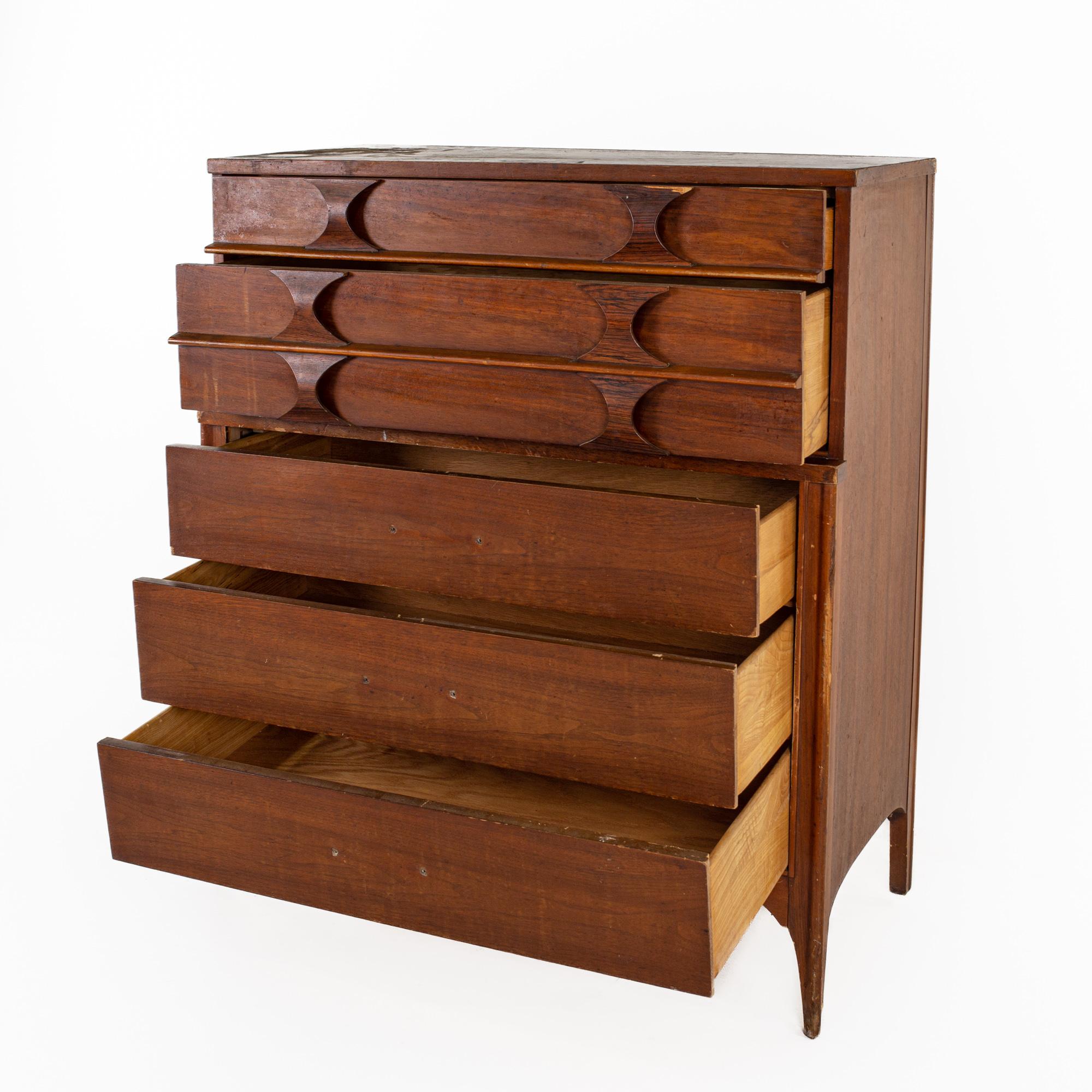 American Kent Coffey Perspecta Mid Century Walnut and Rosewood 5 Drawer Highboy Dresser