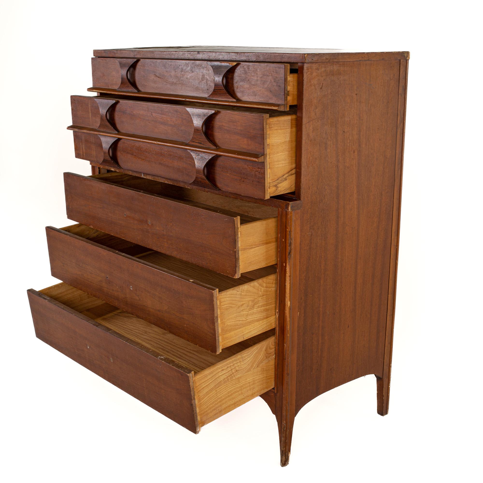 Late 20th Century Kent Coffey Perspecta Mid Century Walnut and Rosewood 5 Drawer Highboy Dresser