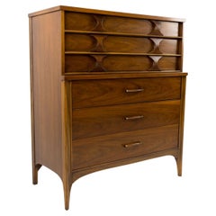 Kent Coffey Perspecta Mid Century Walnut and Rosewood 5 Drawer Highboy Dresser