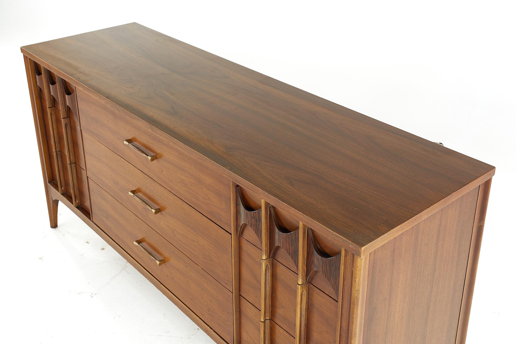 Brass Kent Coffey Perspecta Midcentury Walnut and Rosewood 9 Drawer Lowboy Dresser For Sale