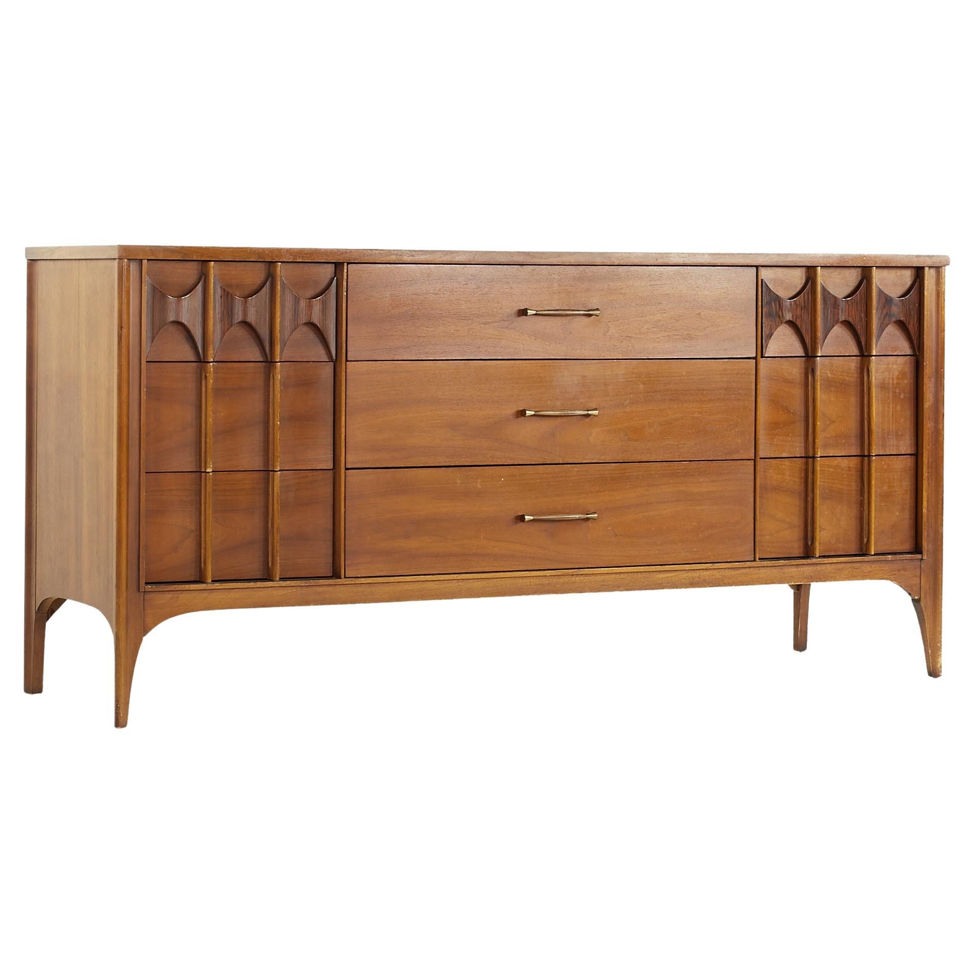 Kent Coffey Perspecta Midcentury Walnut and Rosewood 9 Drawer Lowboy Dresser For Sale