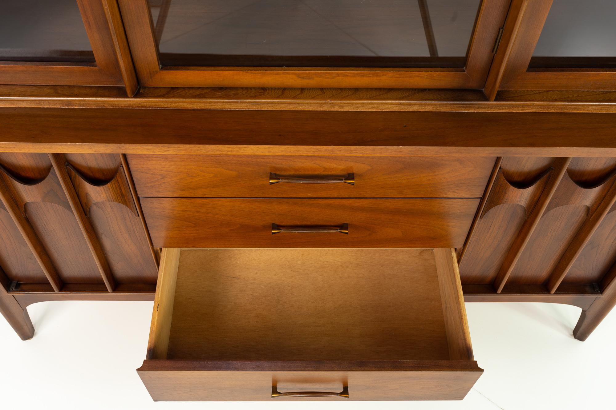 Brass Kent Coffey Perspecta Mid Century Walnut and Rosewood Buffet and Hutch China Cab