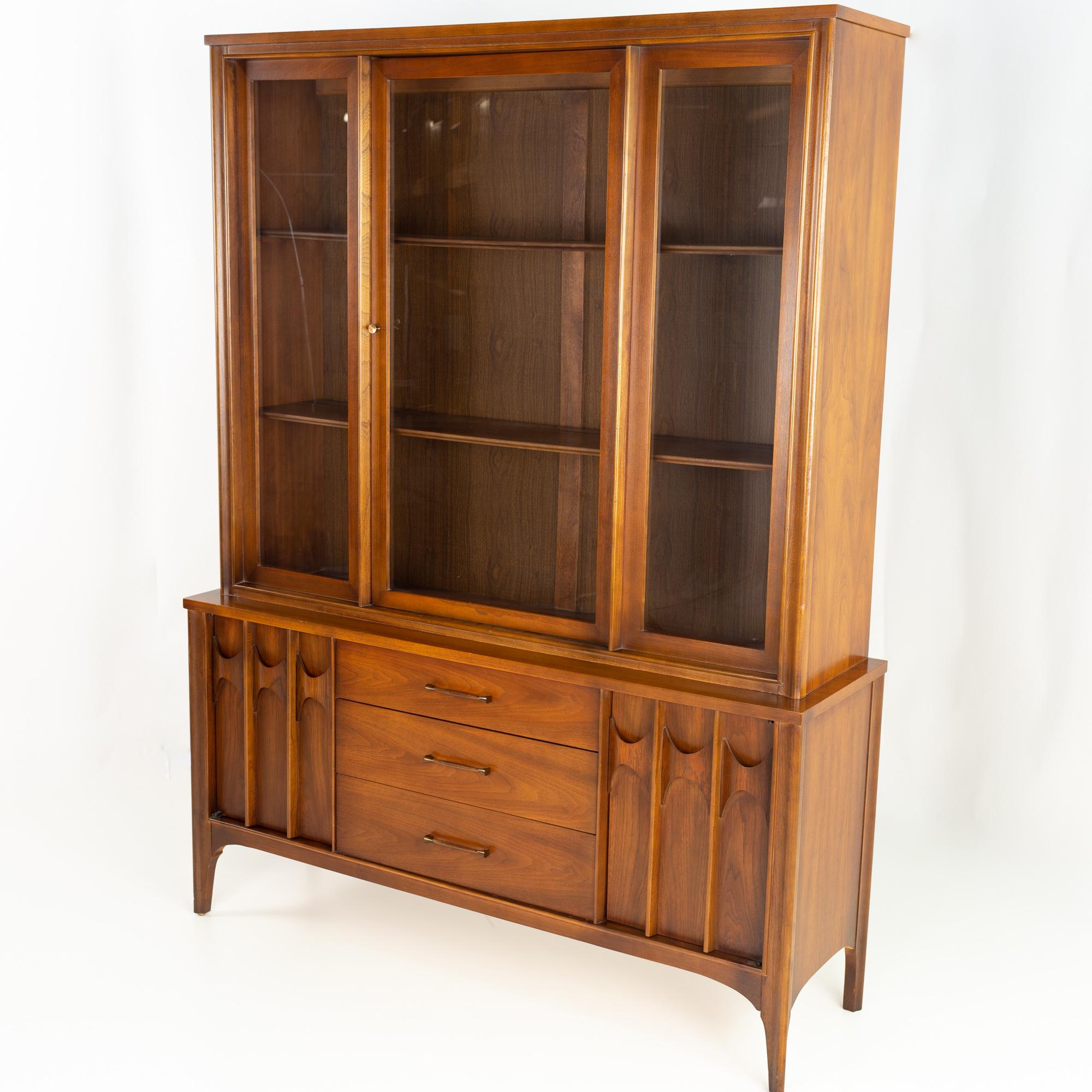 Kent Coffey Perspecta mid century walnut and rosewood buffet and hutch China cabinet.
This china cabinet measures: 55.25 wide x 16 deep x 73 inches high

All pieces of furniture can be had in what we call restored vintage condition. That means