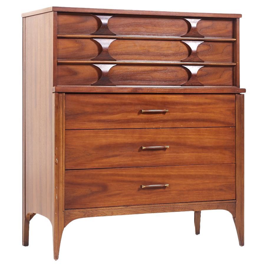 Kent Coffey Perspecta Mid Century Walnut and Rosewood Highboy Dresser For Sale