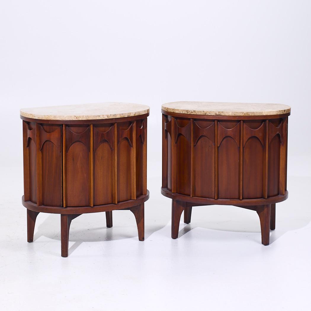 Kent Coffey Perspecta Mid Century Walnut Rosewood Marble Top Nightstands - Pair

Each nightstand measures: 25.25 wide x 17.25 deep x 25.75 inches high

All pieces of furniture can be had in what we call restored vintage condition. That means the