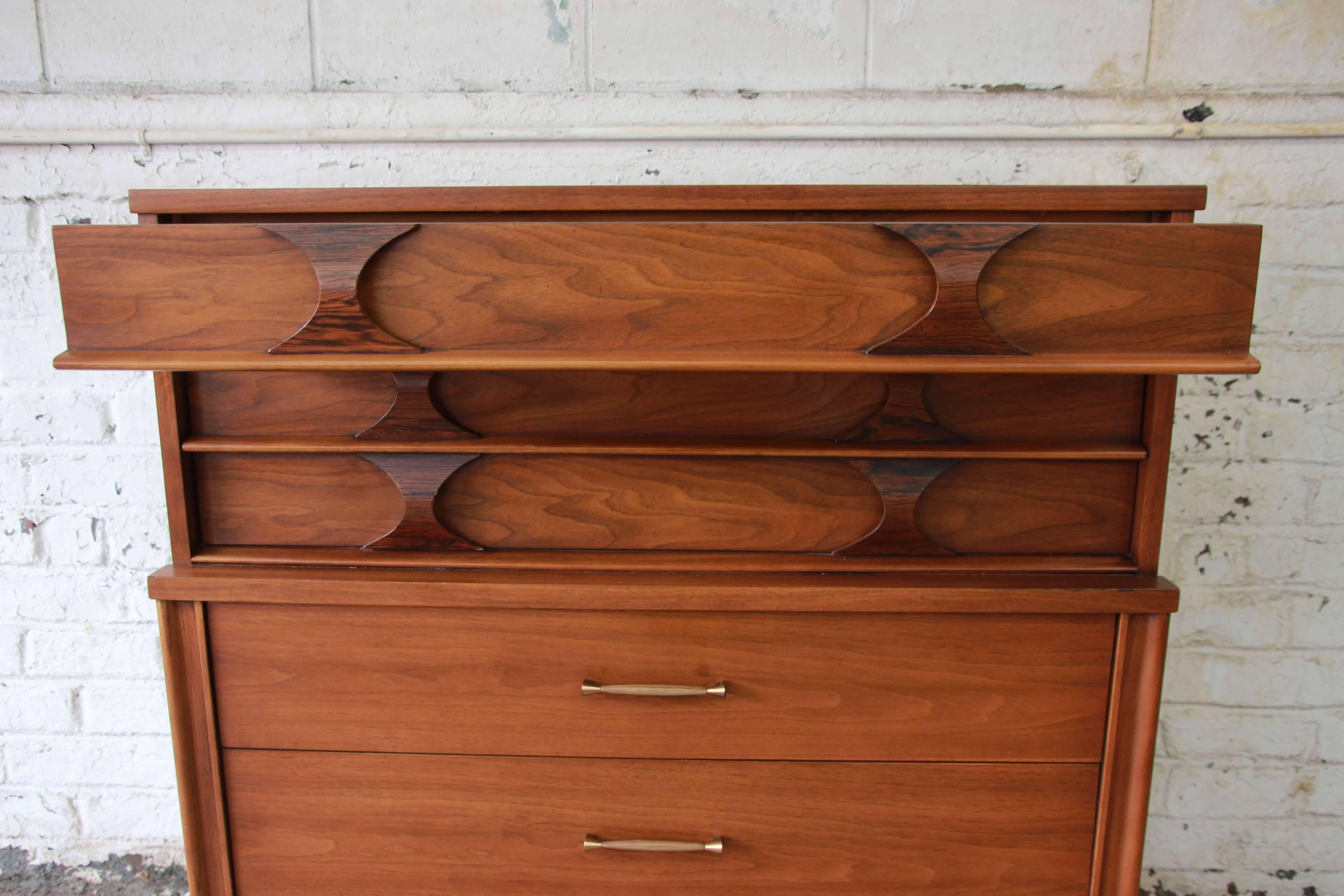 Mid-20th Century Kent Coffey Perspecta Sculpted Walnut and Rosewood Highboy Dresser
