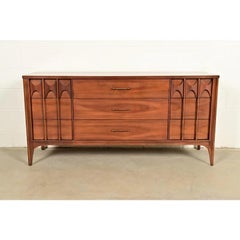 Kent Coffey Perspecta Sculpted Walnut Triple Dresser or Credenza, 1960s