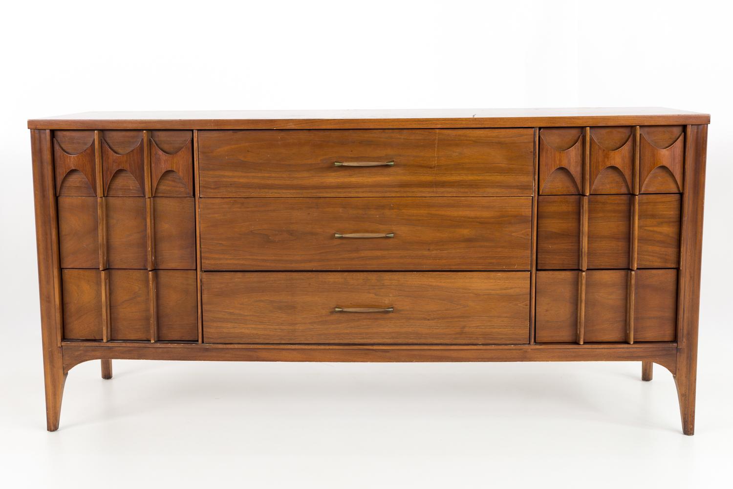 Kent Coffey perspecta walnut and rosewood 9 drawer lowboy dresser

This lowboy measures: 64 wide x 19 deep x 31 inches high

All pieces of furniture can be had in what we call restored vintage condition. That means the piece is restored upon