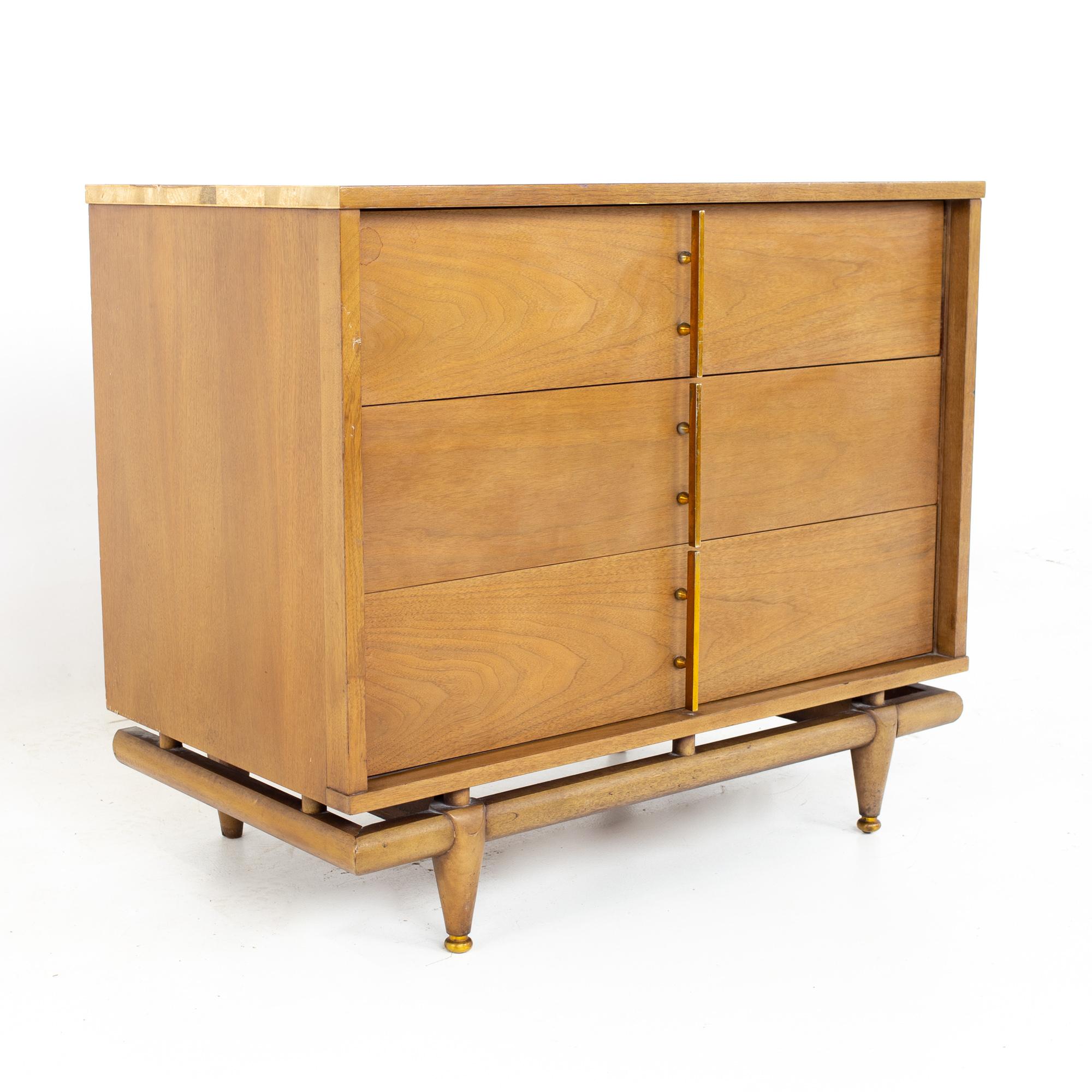 Mid-Century Modern Kent Coffey Sequence Mid Century Walnut and Brass 3 Drawer Chests, a Pair