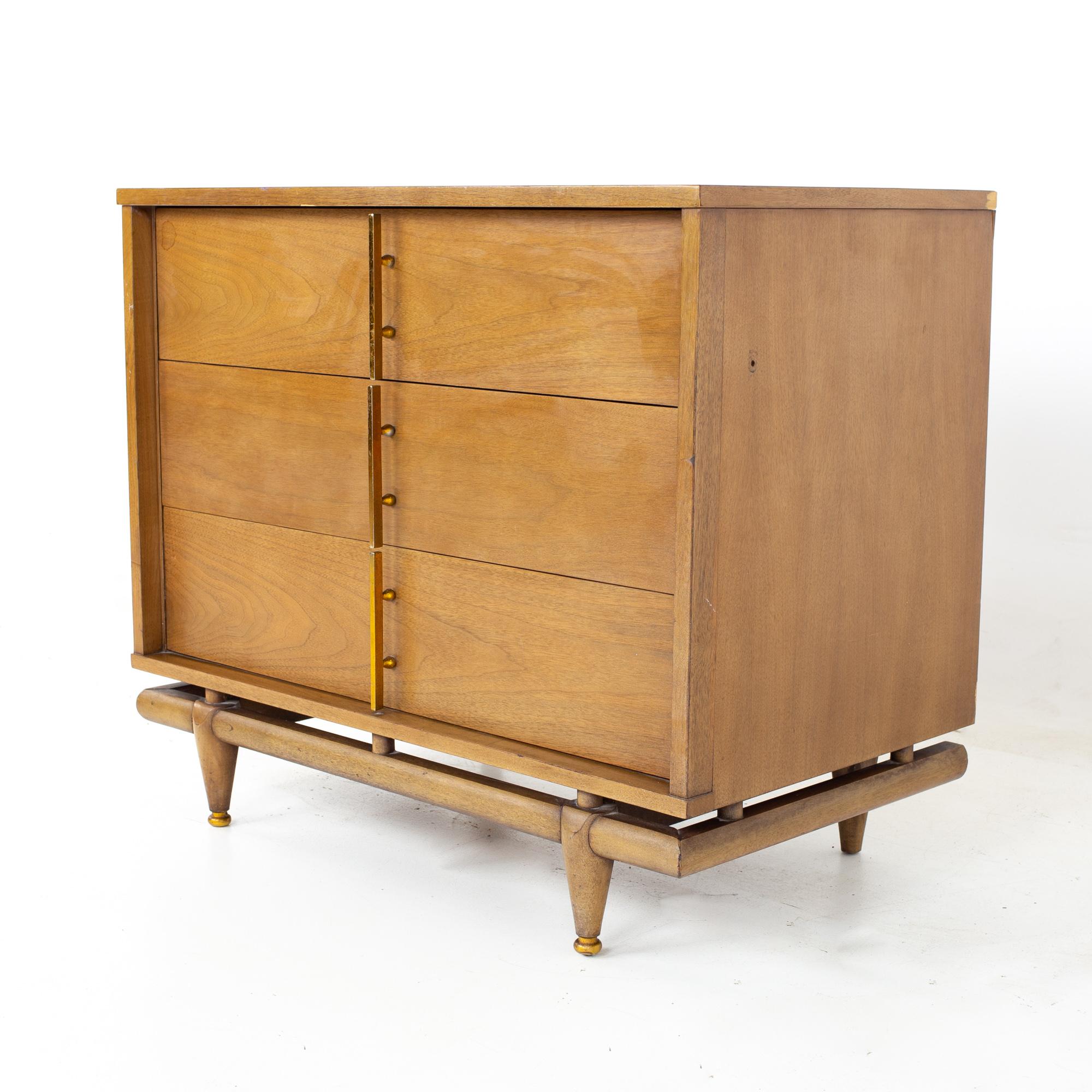 American Kent Coffey Sequence Mid Century Walnut and Brass 3 Drawer Chests, a Pair