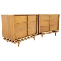 Kent Coffey Sequence Mid Century Walnut and Brass 3 Drawer Chests, a Pair