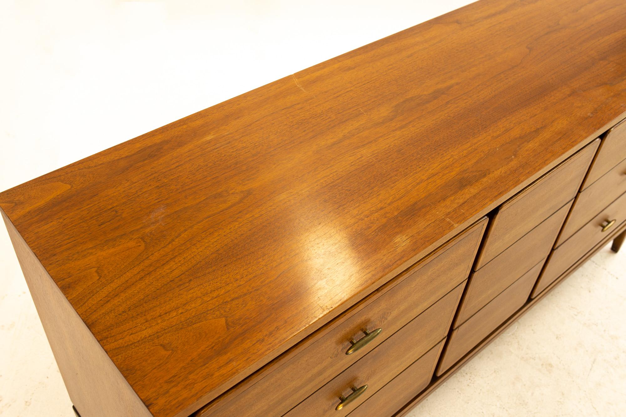 Late 20th Century Kent Coffey Simplex II Midcentury Walnut and Brass Lowboy Dresser