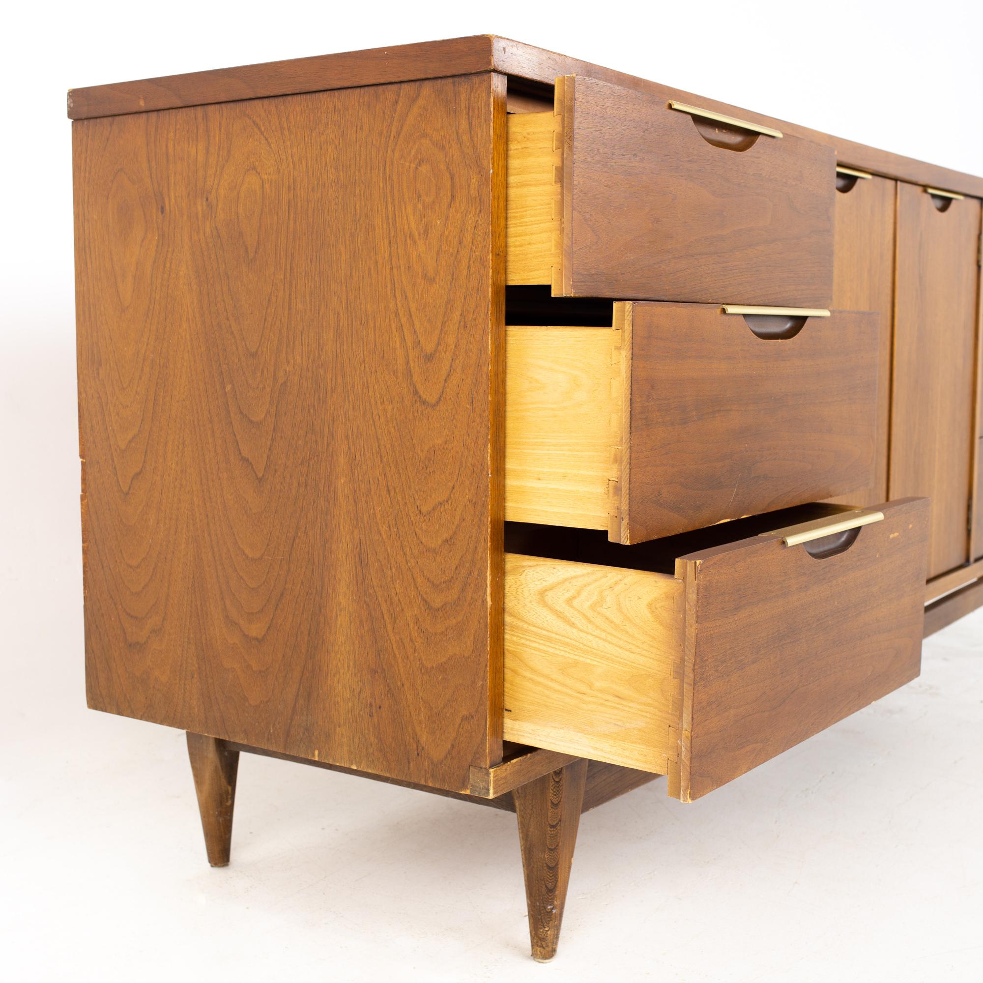 Late 20th Century Kent Coffey Tableau MCM Walnut and Stainless 9 Drawer Lowboy Dresser Credenza