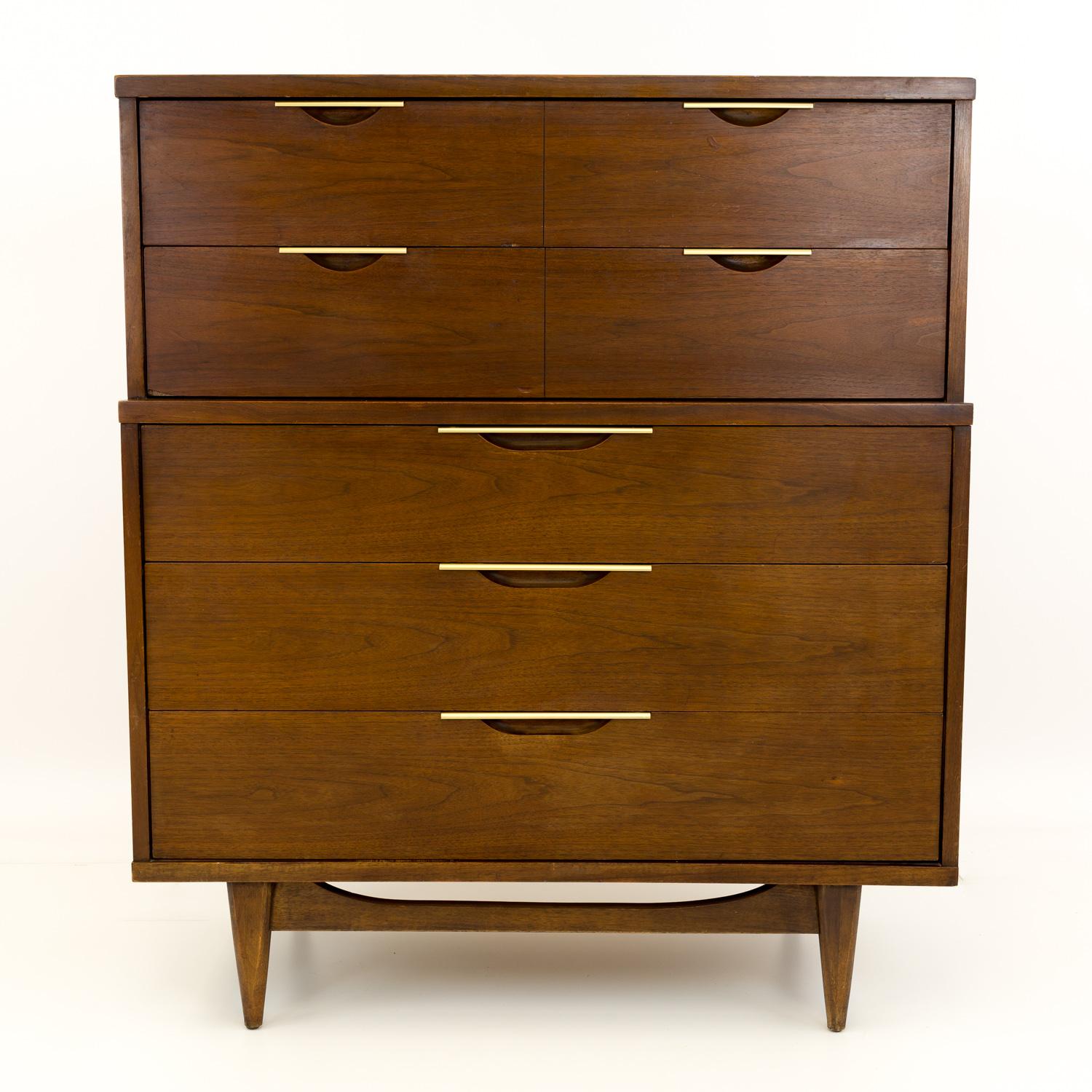 Kent Coffey Tableau Mid Century Walnut and Brass Highboy Dresser 

This dresser measures: 40 wide x 19 deep x 46.25 inches high.

All pieces of furniture can be had in what we call restored vintage condition. That means the piece is restored upon