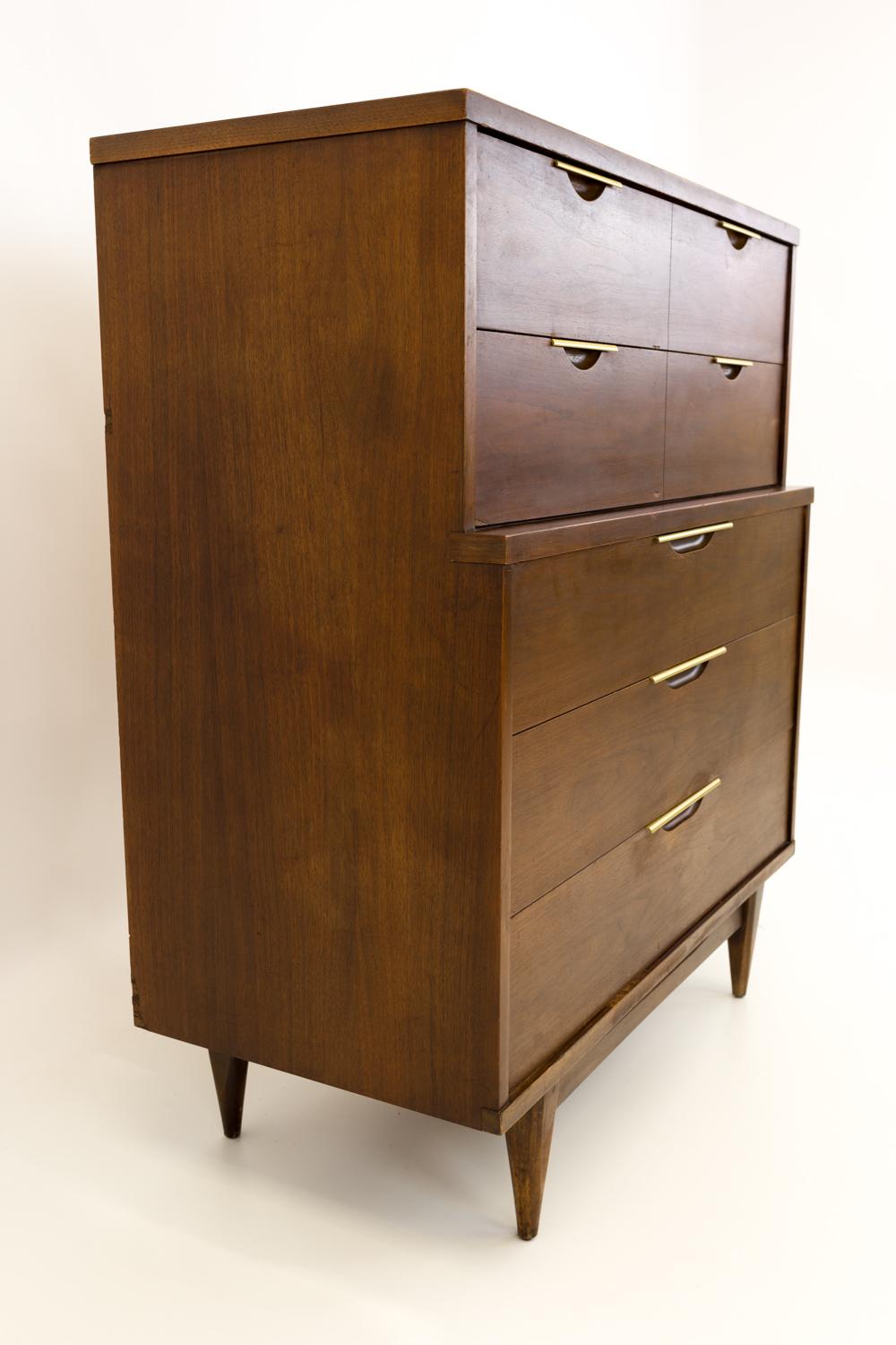 Mid-Century Modern Kent Coffey Tableau Mid Century Walnut and Brass Highboy Dresser  For Sale