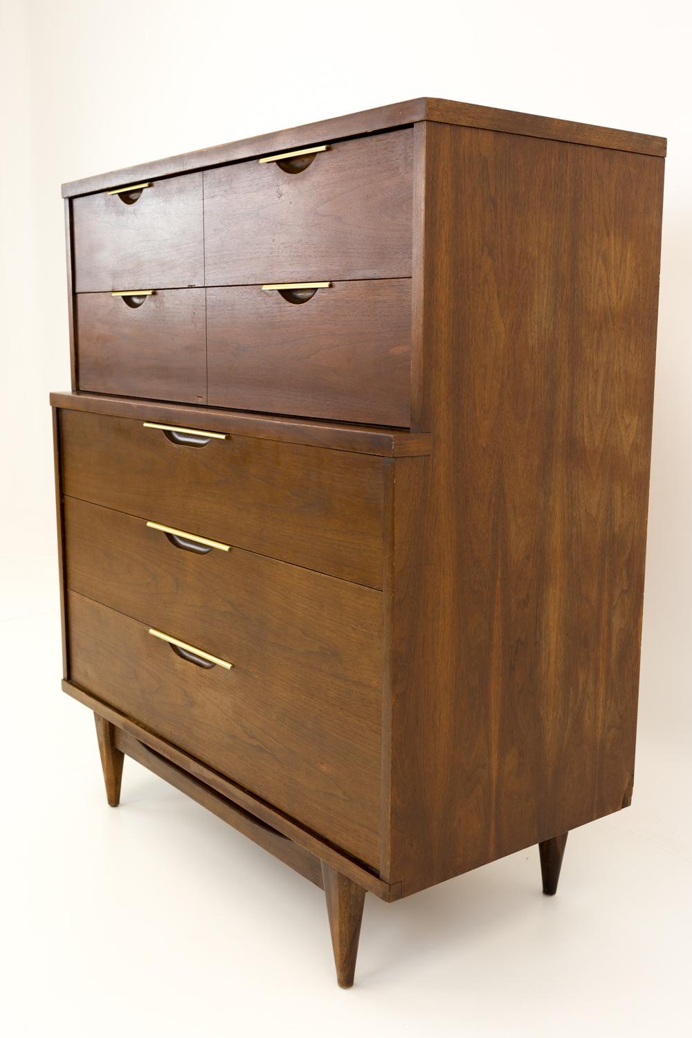 American Kent Coffey Tableau Mid Century Walnut and Brass Highboy Dresser  For Sale