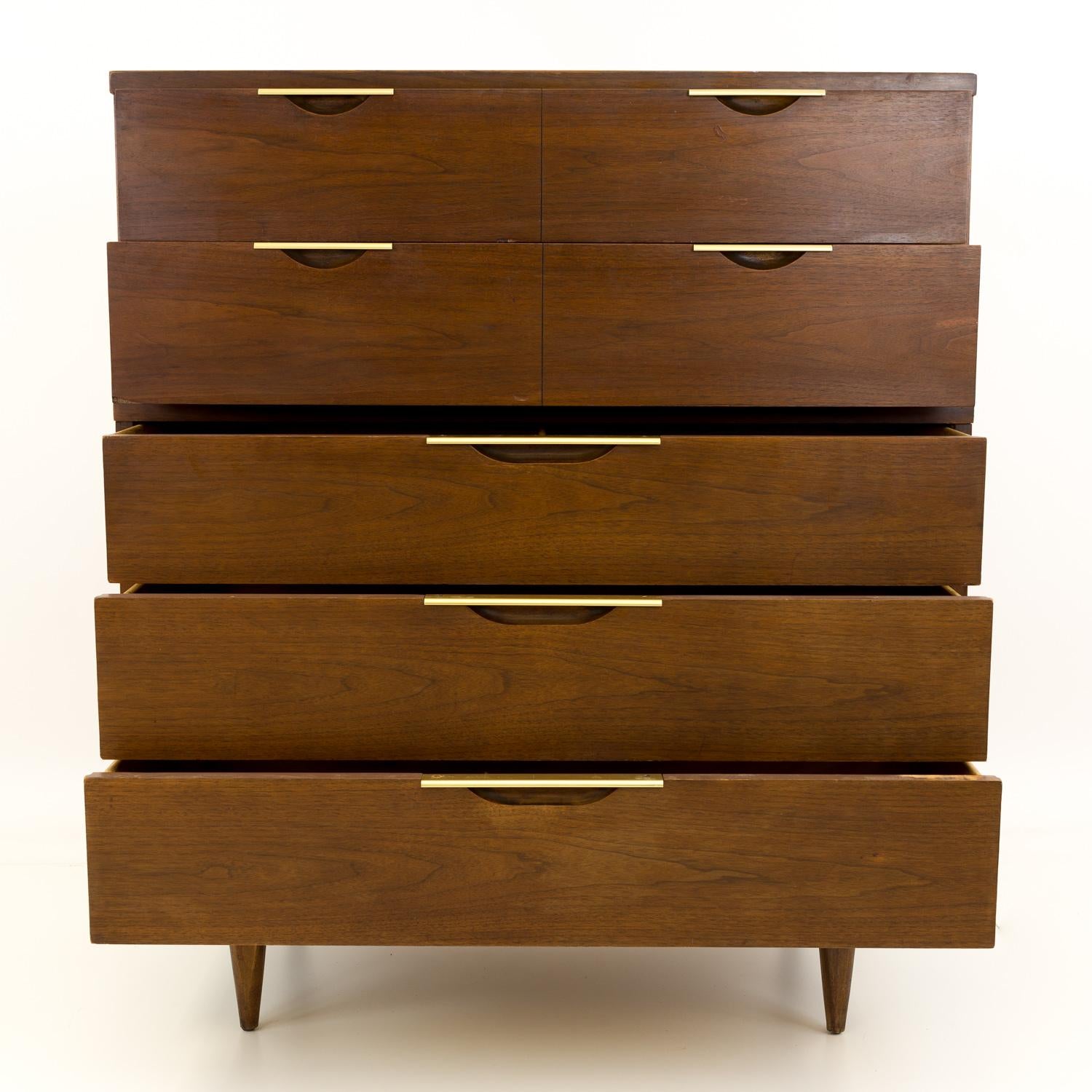 Kent Coffey Tableau Mid Century Walnut and Brass Highboy Dresser  For Sale 1