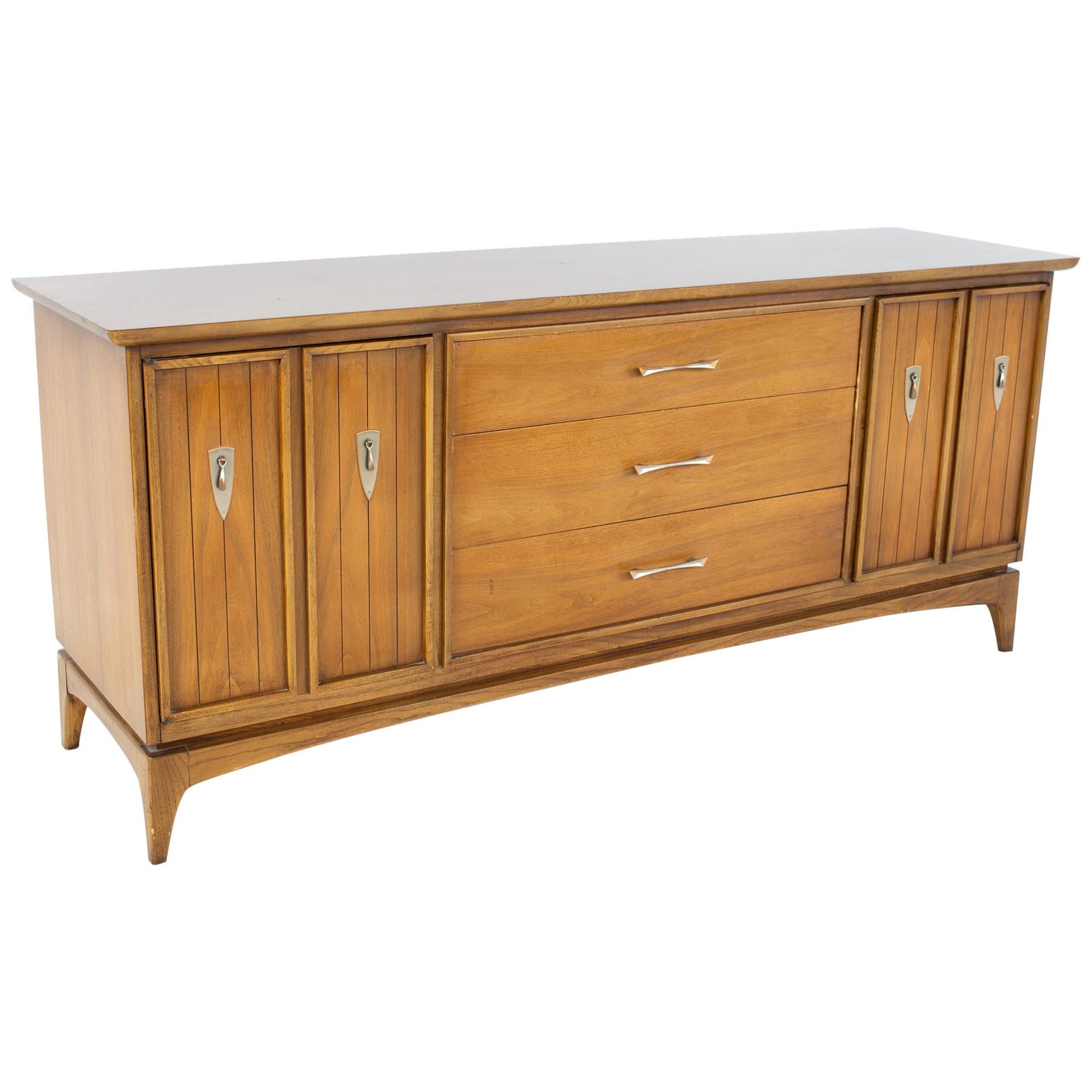 SOLD 04/29/24 Kent Coffey The Wharton MCM Walnut and Stainless 9 Drawer Dresser