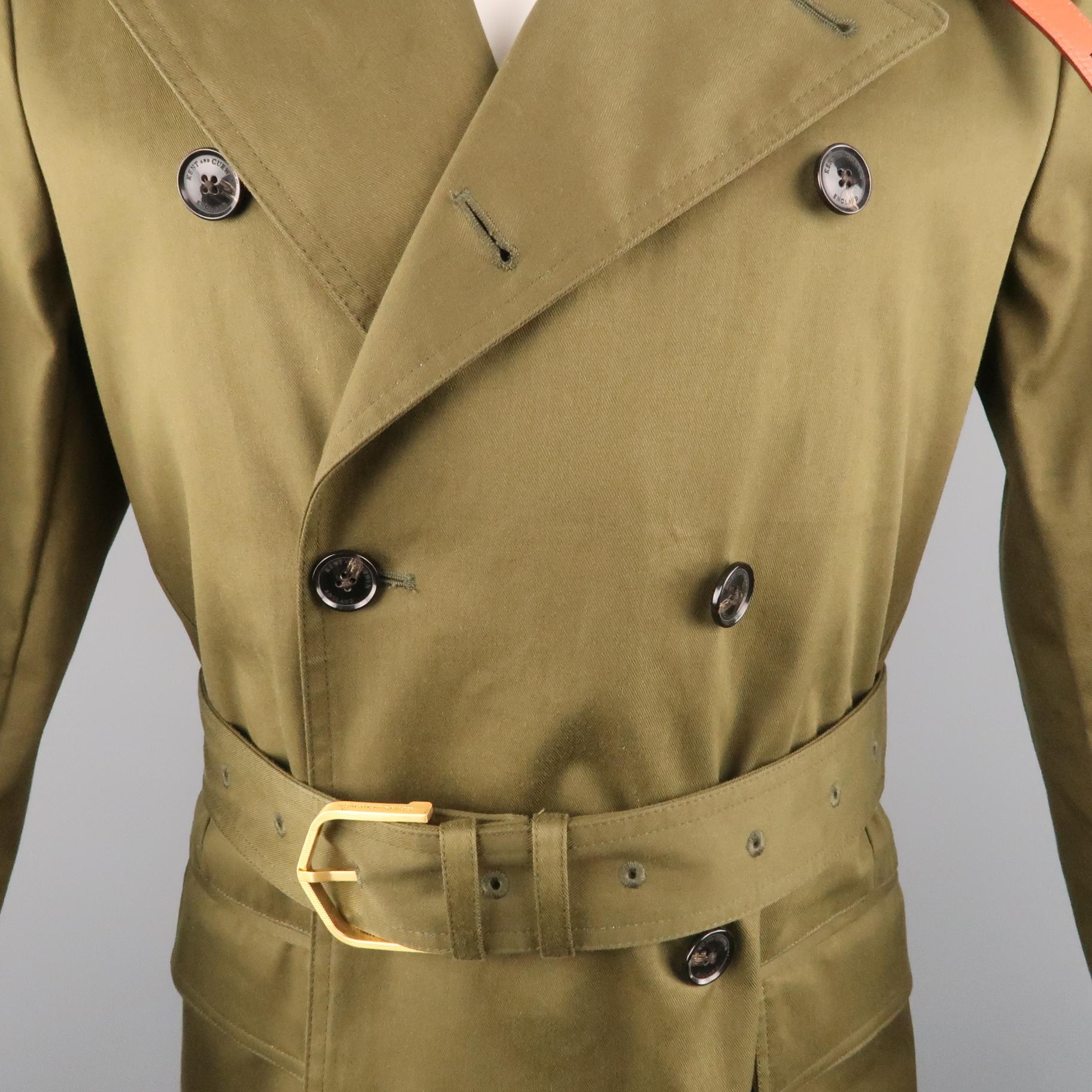 Brown KENT CURWEN Chest Size S Olive Solid Cotton Notch Lapel Trenchcoat