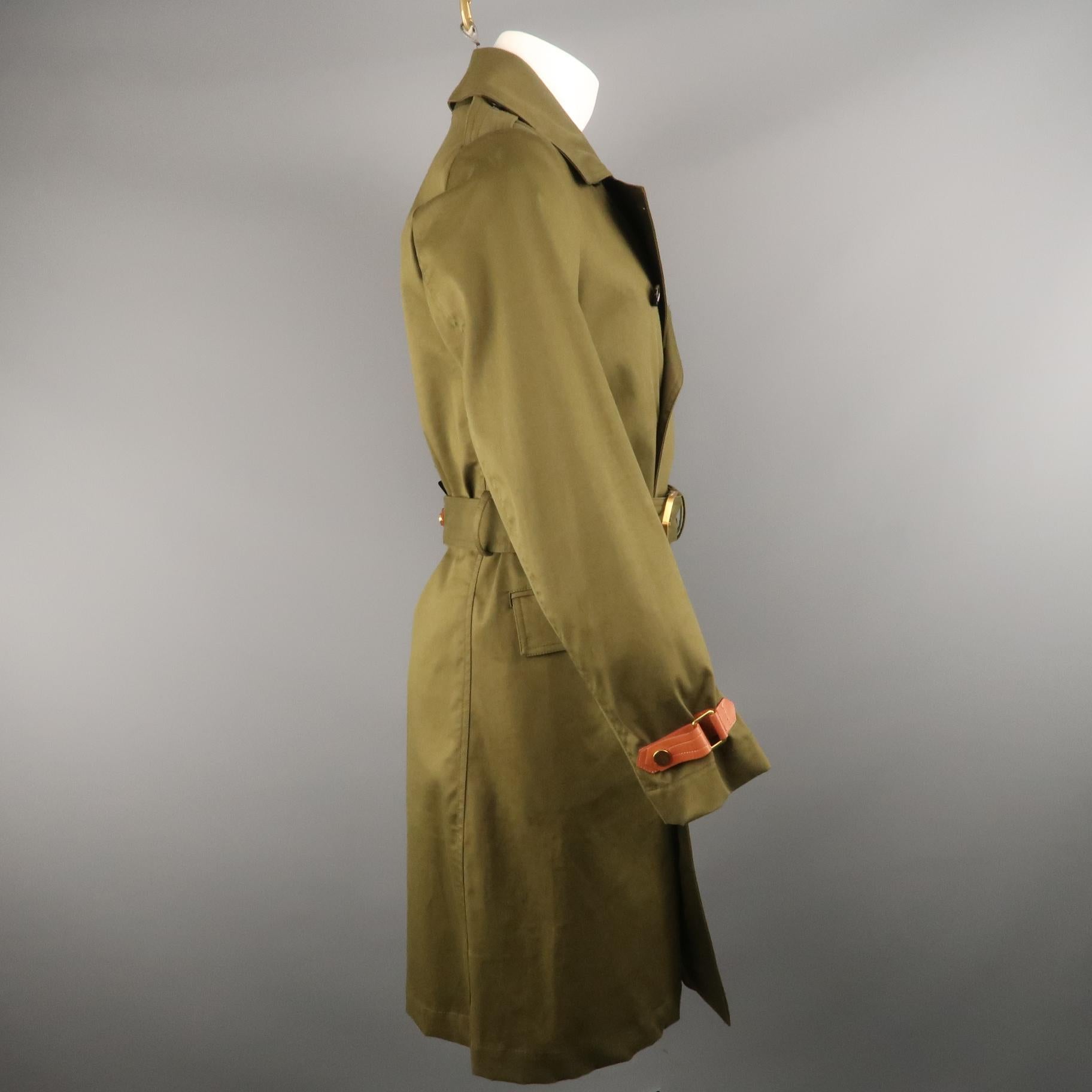 KENT CURWEN Chest Size S Olive Solid Cotton Notch Lapel Trenchcoat 1
