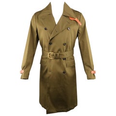 KENT CURWEN Chest Size S Olive Solid Cotton Notch Lapel Trenchcoat