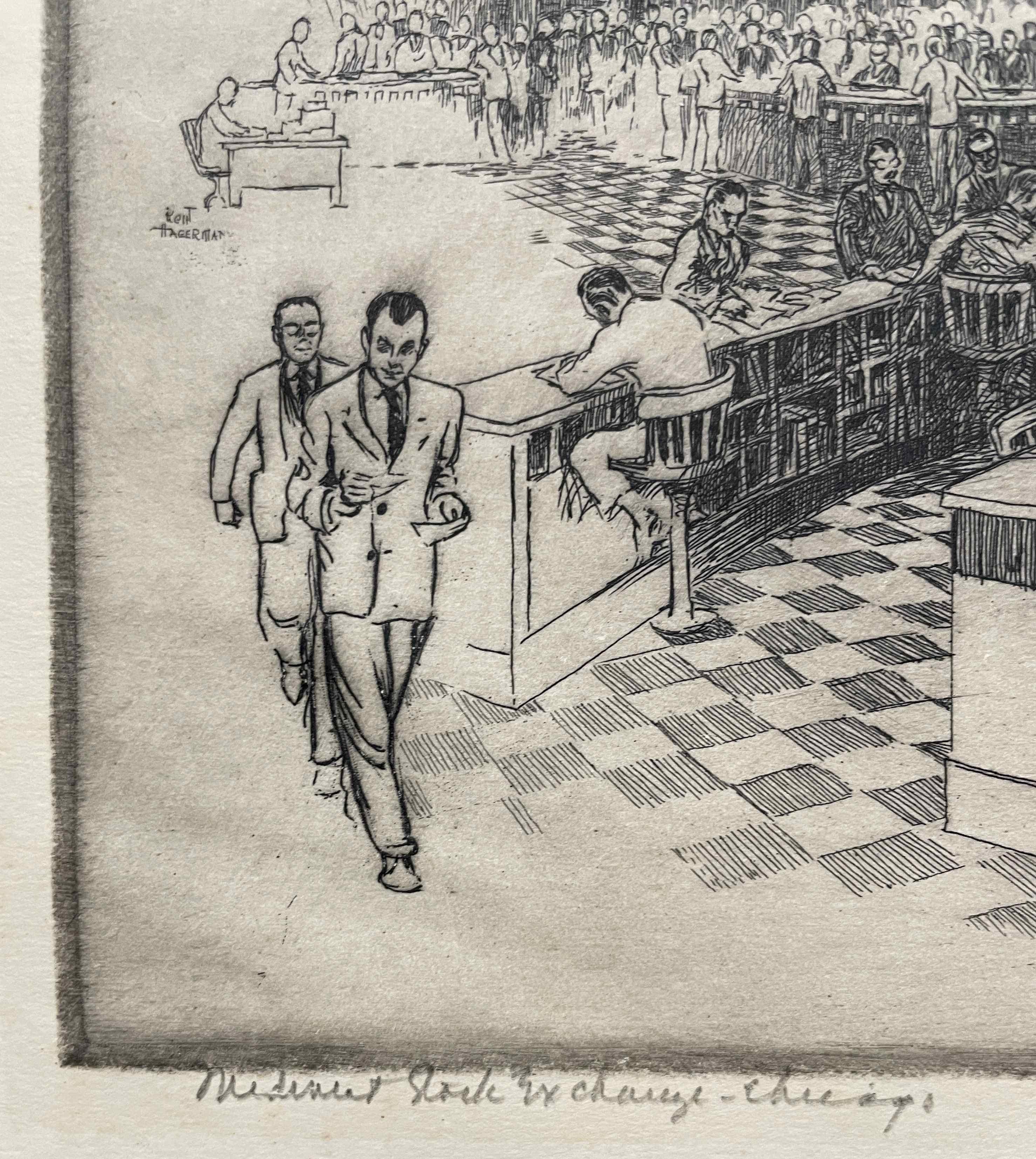 Grabado de 1951 de la Bolsa Mercantil de Chicago por el artista Kent Hagerman en venta 3