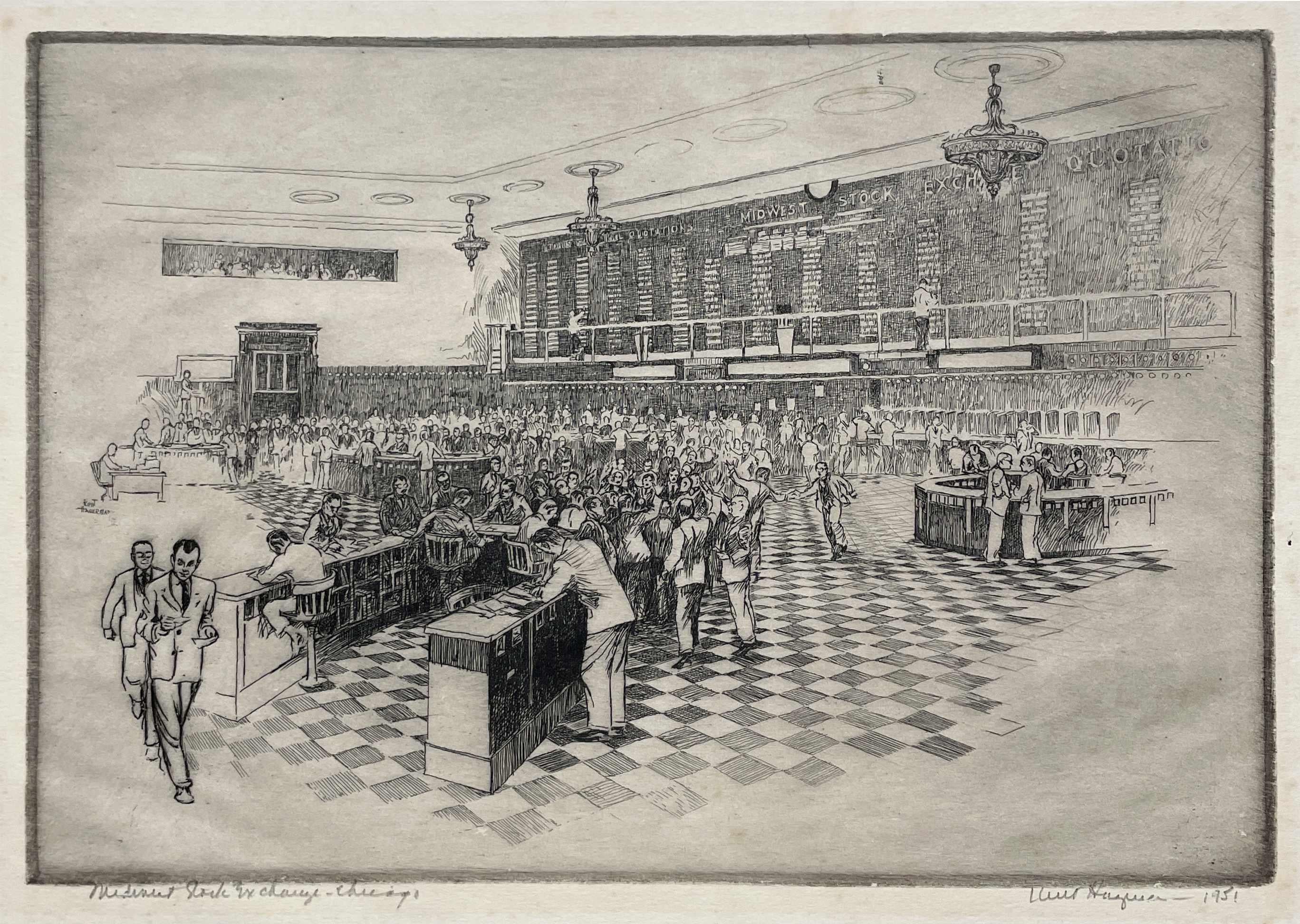 Grabado de 1951 de la histórica "Bolsa Mercantil de Chicago", obra del artista Kent Hagerman.  Tamaño de la imagen:  11" x 13 3/4". Archivada en paspartú de 14" x 18".

Kent Hagerman, también conocido como William Kay Hagerman, nació en Ohio en