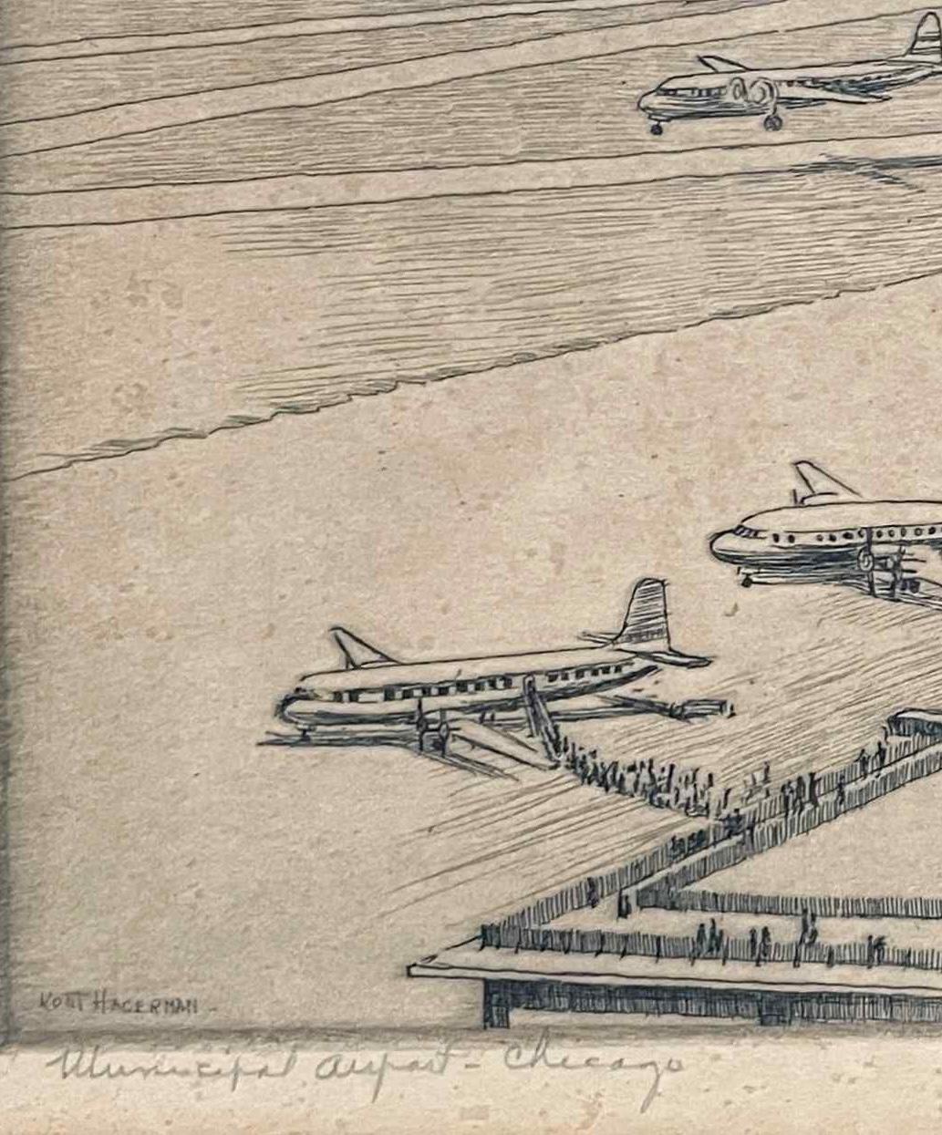 Acquaforte dell'aeroporto Municipal (Midway) di Chicago di Kent Hagerman in vendita 1