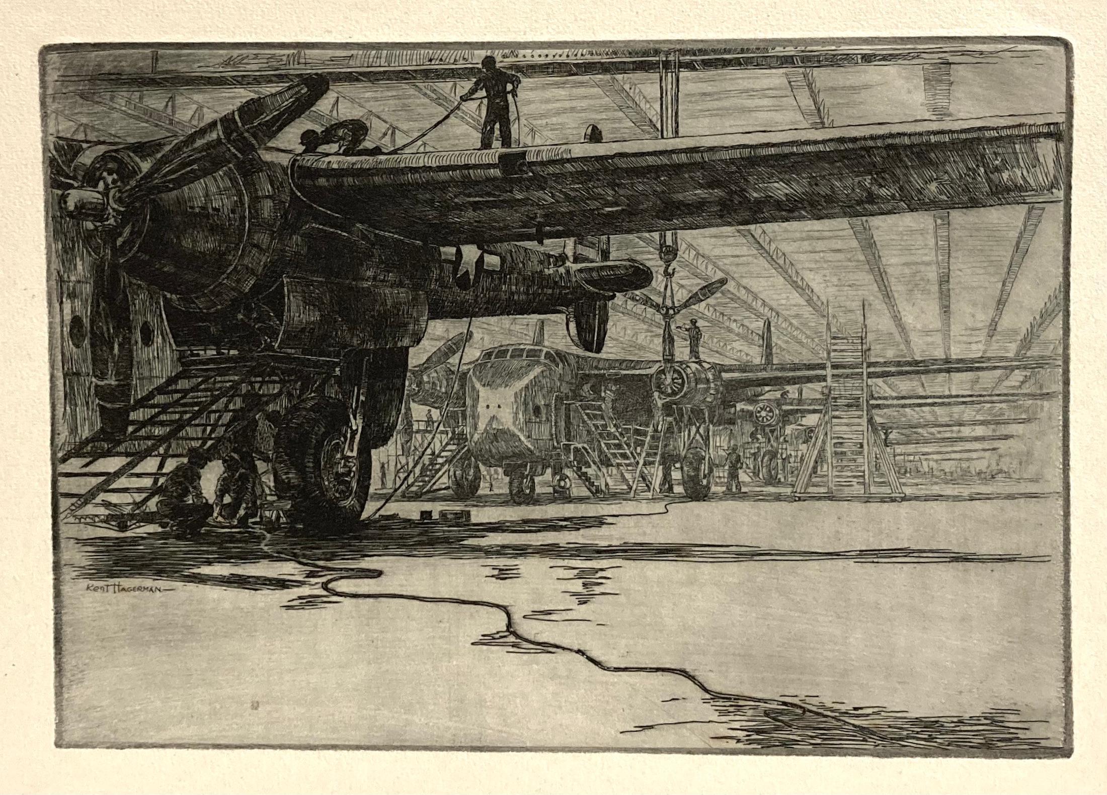 Kent Hagerman Landscape Print - (US Wartime Plane Production -- Attaching the Propeller)