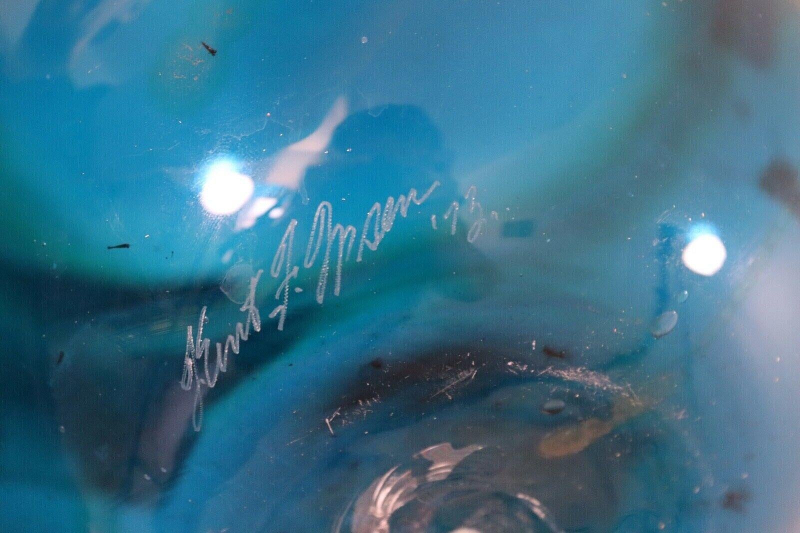 Kent Ipsen Signed Modern Blue with Swirls Hand Blown Glass Sculpture 1