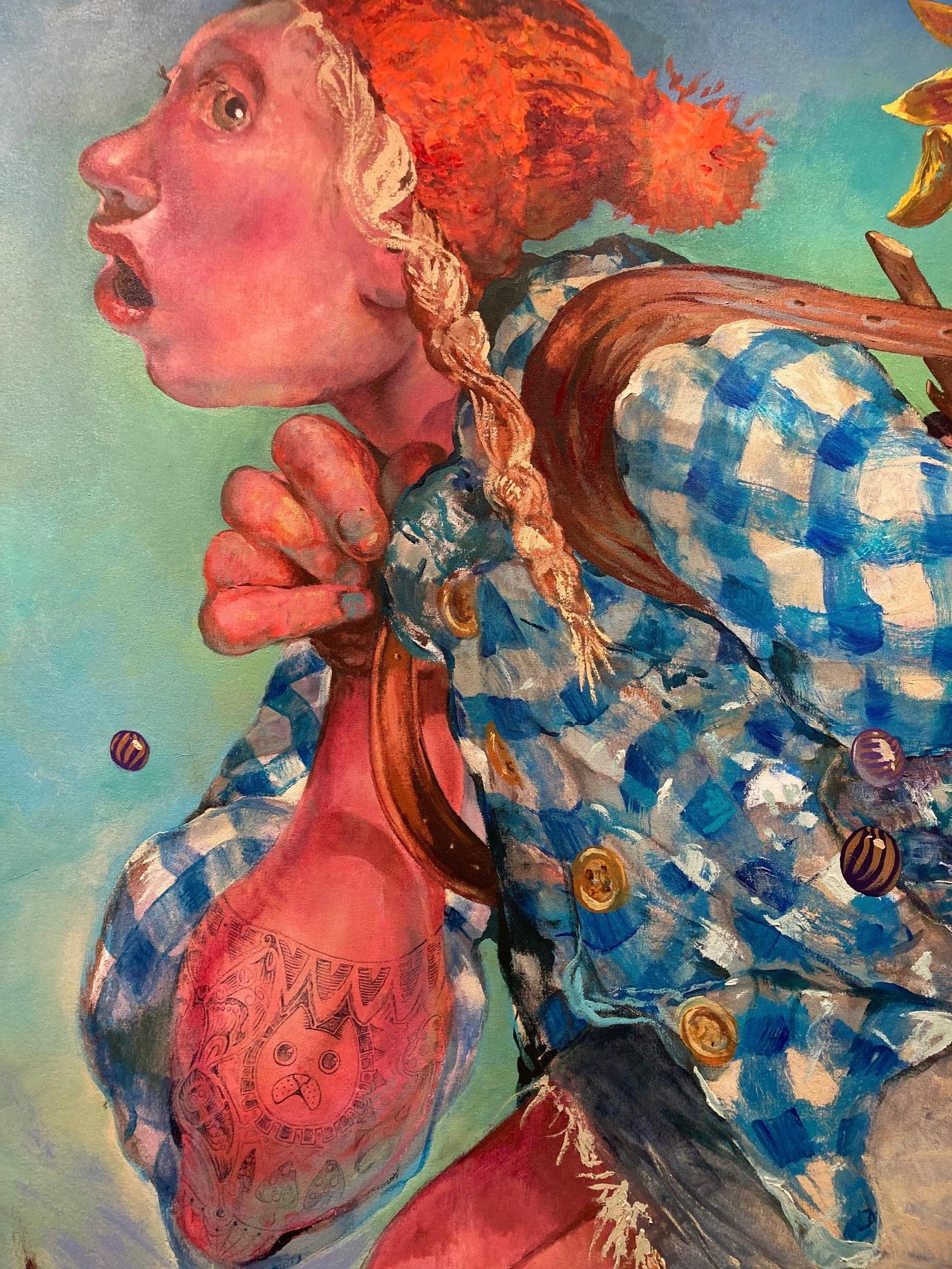Balans Balance Colorful Napsack Stuff Carry Oil on Linnen Big Painting In magazzino - Figurative Painting Grigio di Kent Knowles