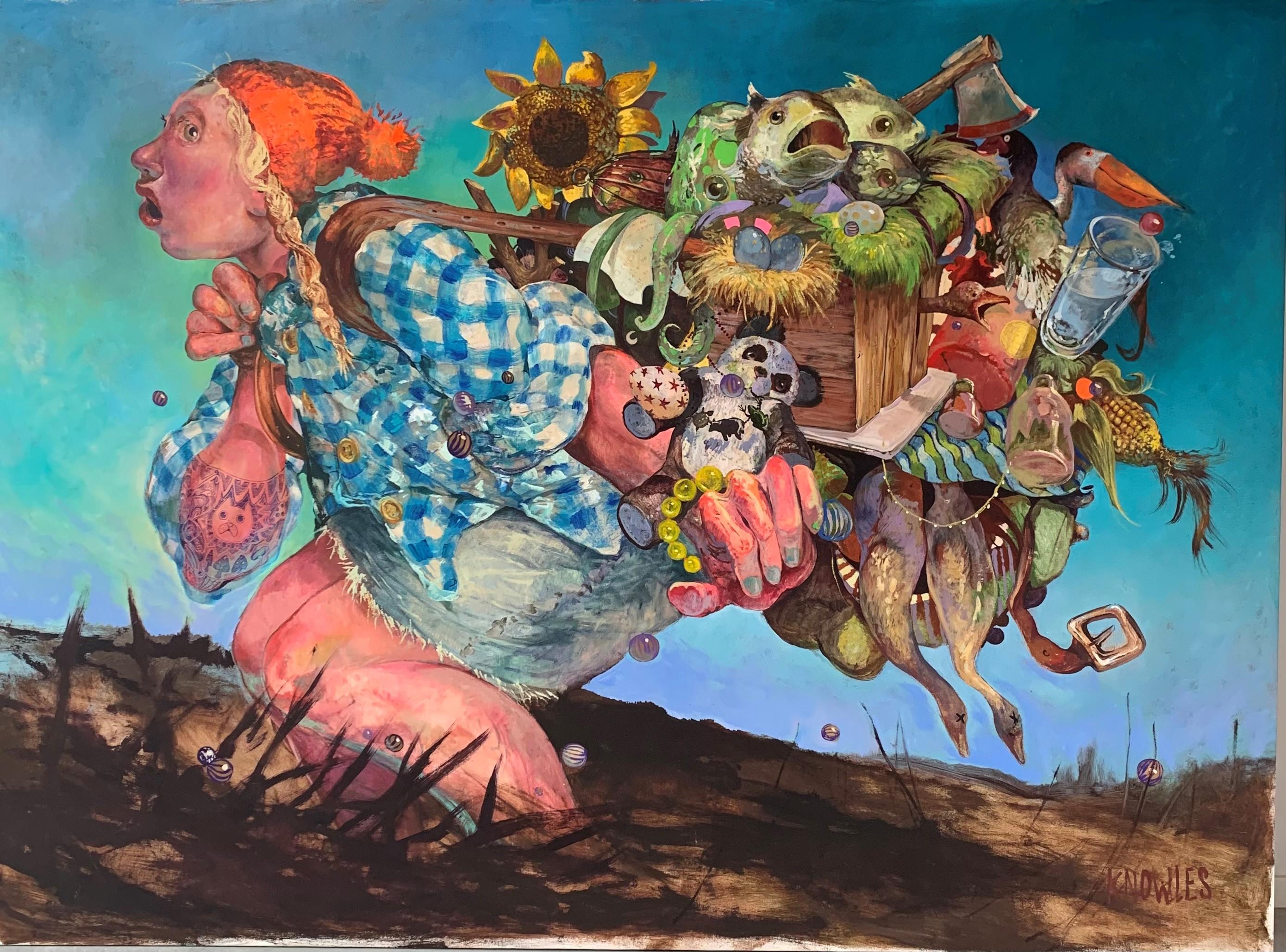 Figurative Painting di Kent Knowles - Balans Balance Colorful Napsack Stuff Carry Oil on Linnen Big Painting In magazzino