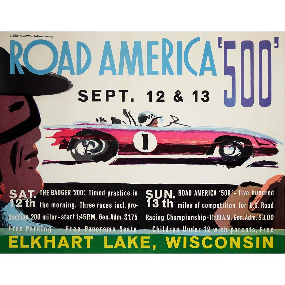 This vibrant 1964 original poster for the Road America “500” captures the spirit of American road racing at a pivotal moment in the sport’s history. Designed by Kent Koop, one of the most inventive poster artists working in U.S. motorsport