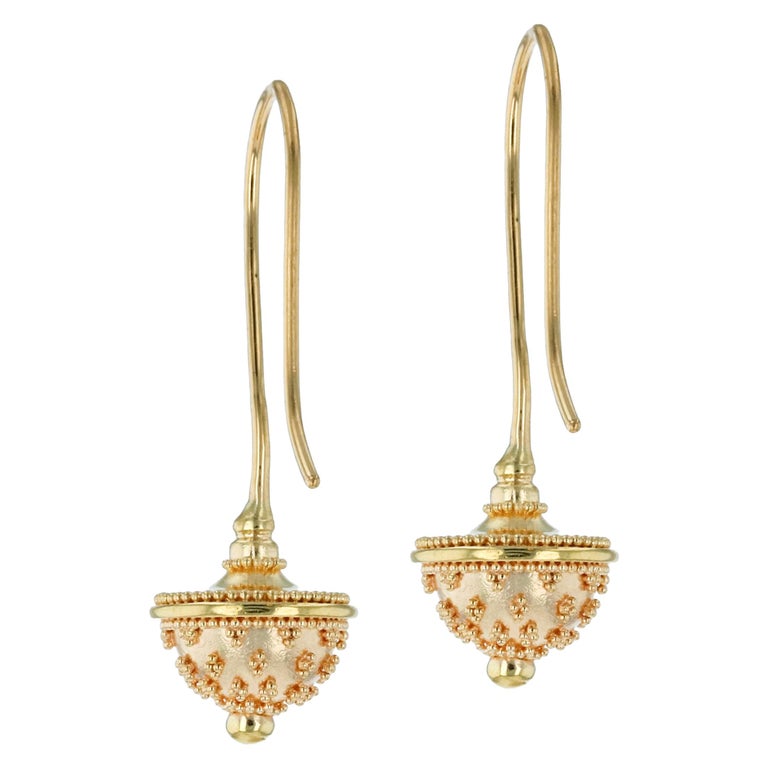 Kent Raible 18 Karat All Gold Acorn Drop Earrings with Fine Granulation For Sale
