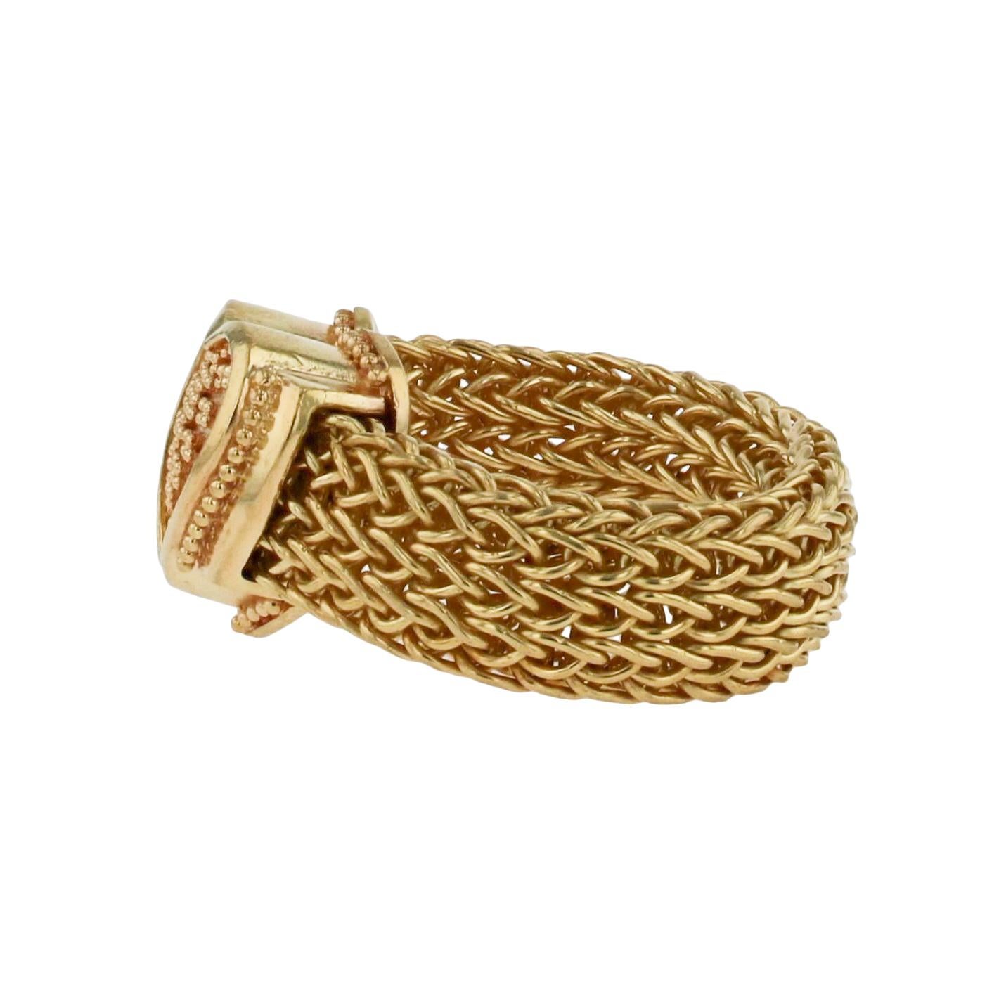 Artisan Kent Raible 18 Karat All Gold Heart Ring with a Woven Chain Band and Granulation For Sale