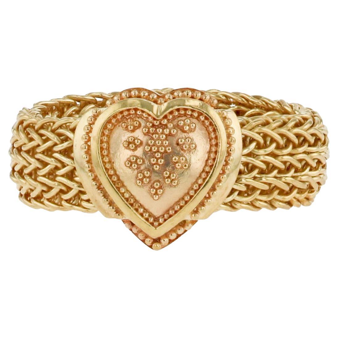 Kent Raible 18 Karat All Gold Heart Ring with a Woven Chain Band and Granulation For Sale