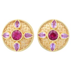 Kent Raible 18 Karat Button Earrings with Rubellite, Sapphire and Granulation