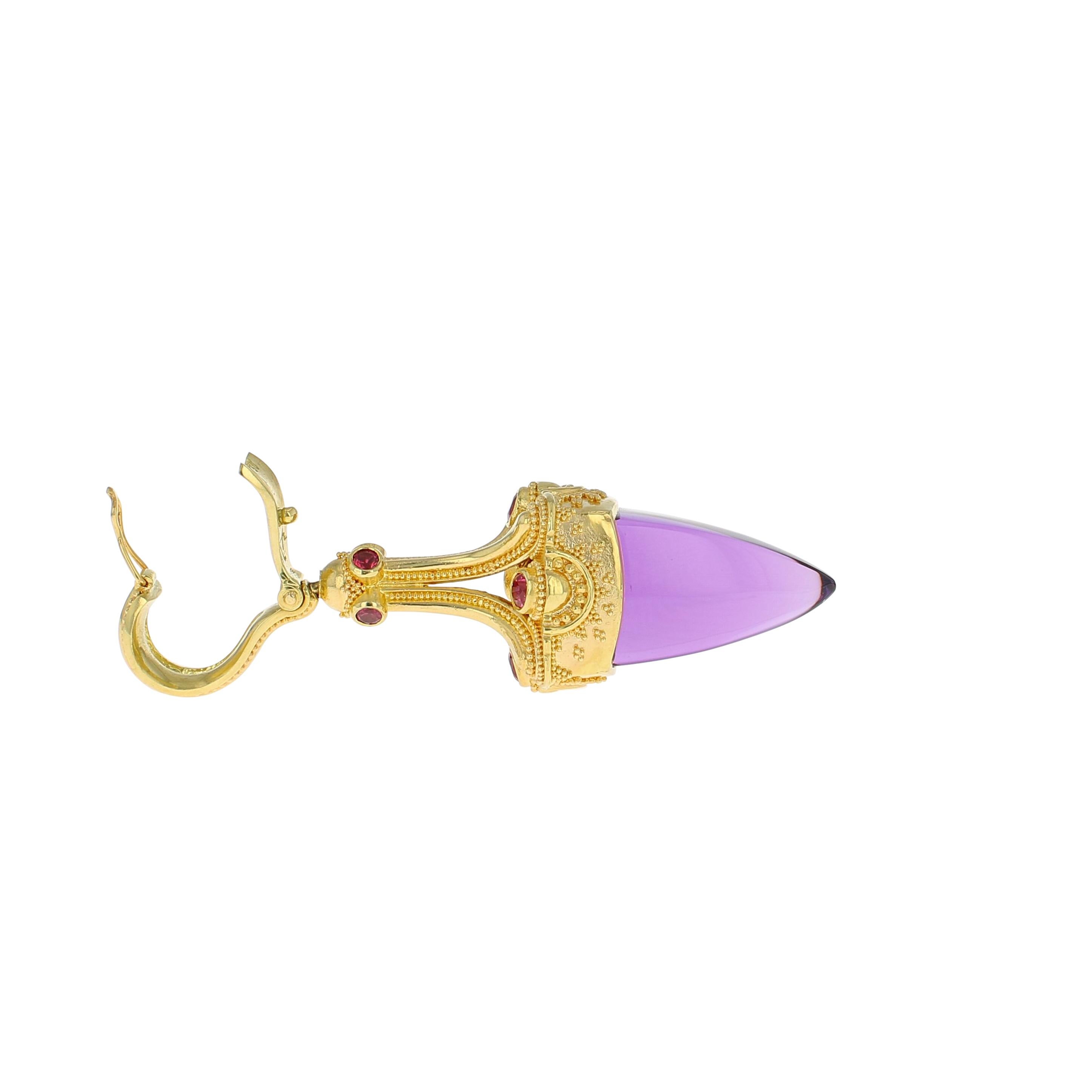 Mixed Cut Kent Raible 18 Karat Gold Amethyst and Spinel Pendulum Drop Pendant, Granulation For Sale