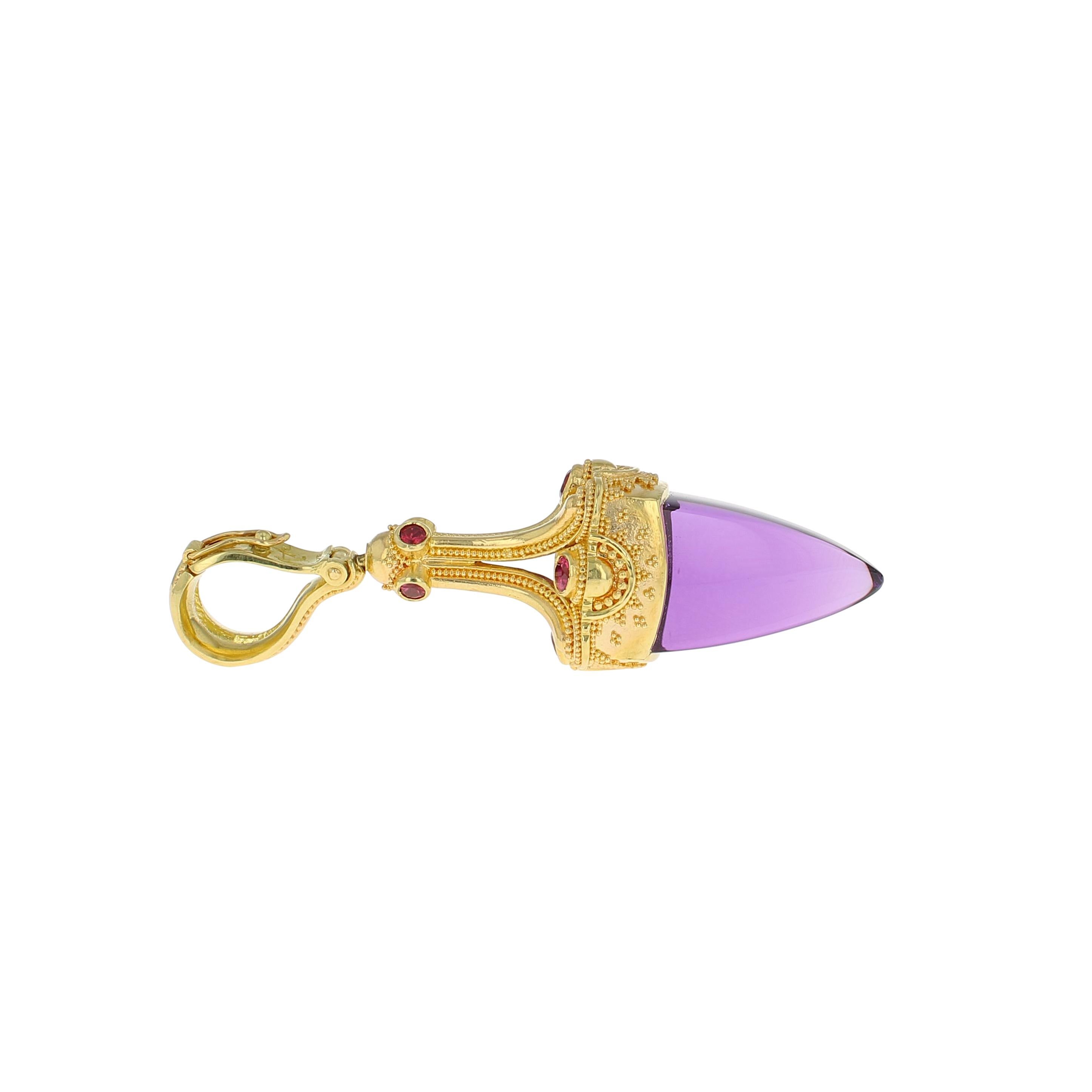 Kent Raible 18 Karat Gold Amethyst and Spinel Pendulum Drop Pendant, Granulation In New Condition For Sale In Mossrock, WA